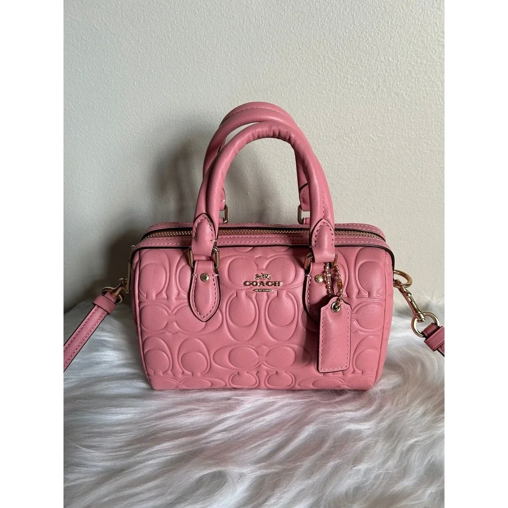 Coach Mini Rowan Light Blush Signature‎ Embossed Leather Satchel NWT